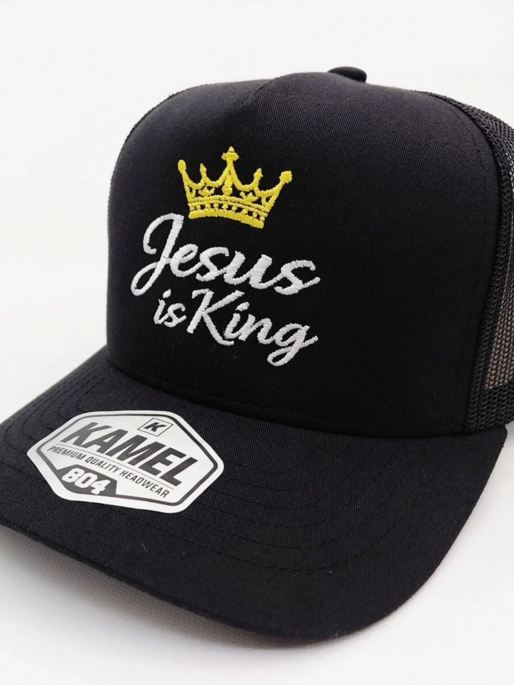 Jesus Is King Black Kamel Curved Bill Embroidered Christian Mens Trucker Hat